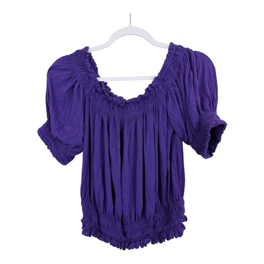 Free People Crop Top Off Shoulder Smocked Sz S Milkmaid Coquette Purple Blouson
